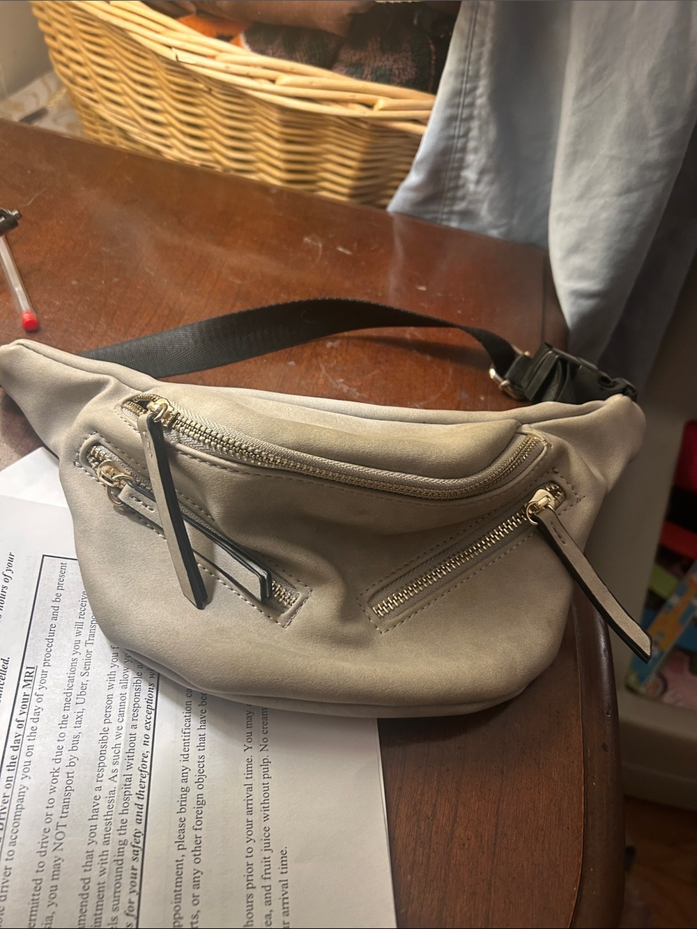 Neutral Suede Belt Bag with Gold Zippers